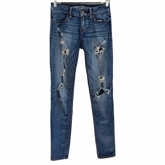 American Eagle Women's Dark Wash Distressed Jegging Super Stretch Jeans Size 0 - Picture 1 of 9
